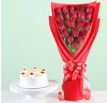 Buy/Send 21 Red Roses Bouquet and Pineapple Cake combo online with Baker's Wagon