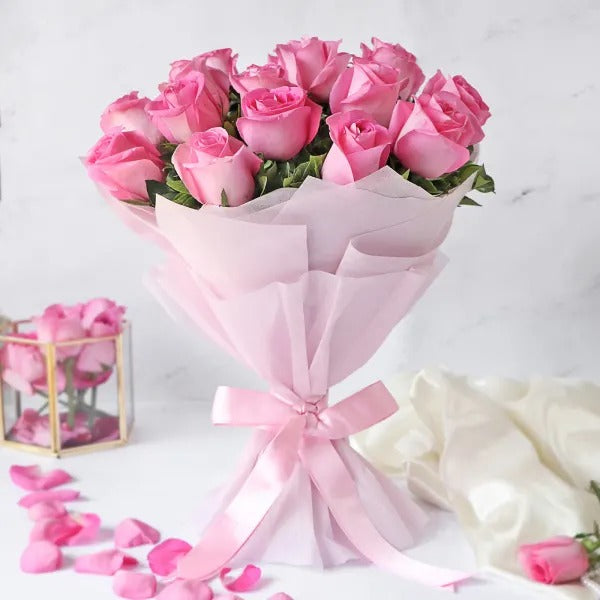 Buy/Send 15 Pink Roses Bouquet Online with Baker's Wagon