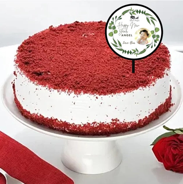 Buy or send online New Year Special Red Velvet Cake with customised New Year wish topper by Bakers Wagon