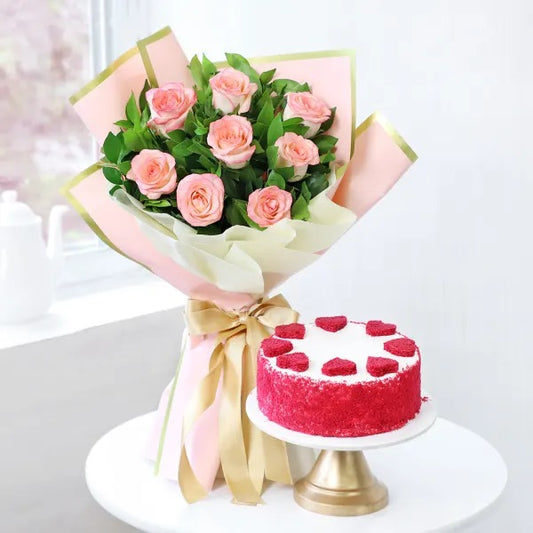 Buy or send Fairy Tale of Love Combo of pink roses and red velvet cake with delivery by Bakers Wagon