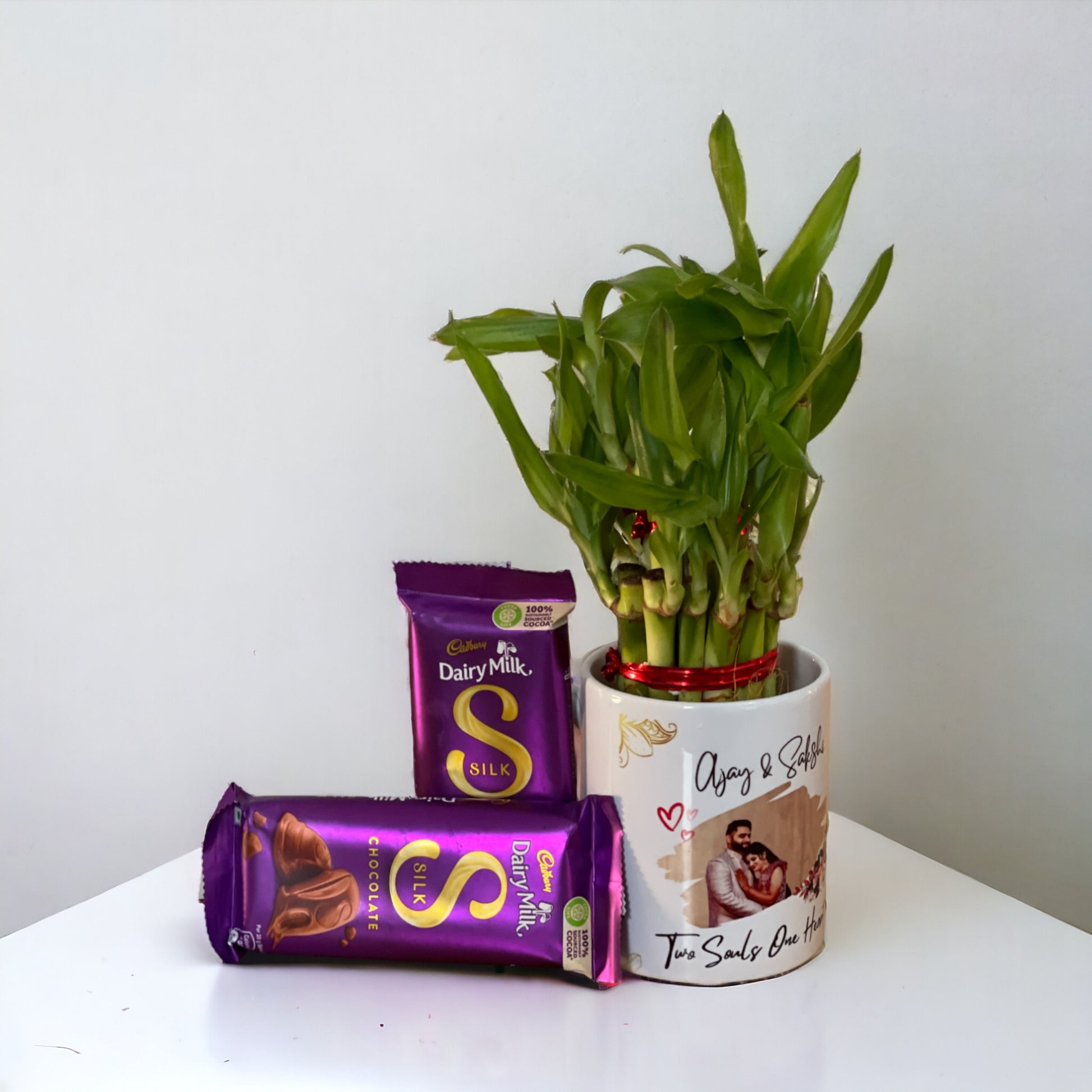 Buy or send Lucky Bamboo in Personalised White Mug with Chocolates online with delivery by Bakers Wagon