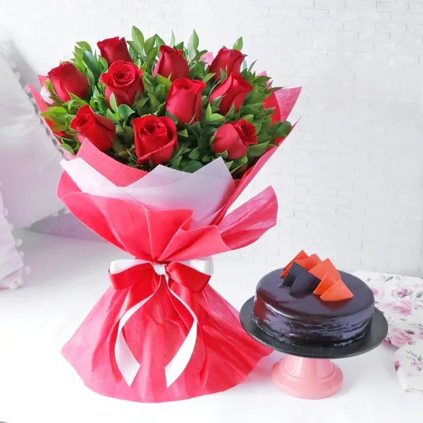Buy or send Mesmerising Combo of Roses and Cake online to your loved ones with delivery from Bakers Wagon