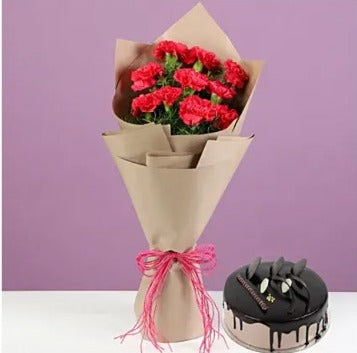 10 Pink Carnations and Chocolate Cake