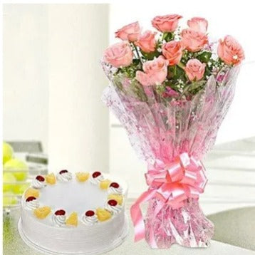 online 10 Pink Roses With Pineapple Cake Combo Delivery by Bakers Wagon