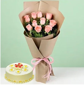 10 Pink Roses and Butterscotch Cake combo online delivery Baker's Wagon