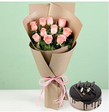 10 Pink Roses & Chocolate Cake combo online delivery by Baker's Wagon