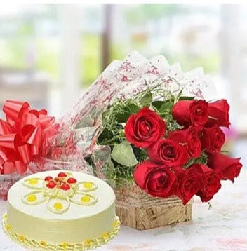 Online 10 Red Roses And Butterscotch Cake Delivery with Baker's Wagon