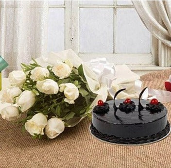 Online 10 White Roses and Truffle Cake Delivery with Baker's Wagon