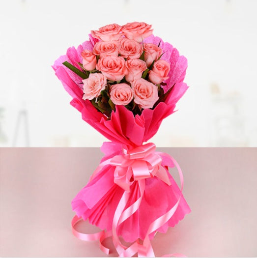 10 Pink Roses Bouquet online delivery by Baker's Wagon