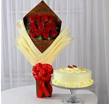Online 12 Red Roses and Butterscotch Cake Combo Delivery with Baker's Wagon