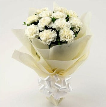 Online 12 White Carnations Bouquet Delivery with Baker's Wagon
