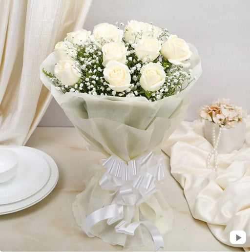 Online 12 White Roses Bouquet Delivery with Baker's Wagon