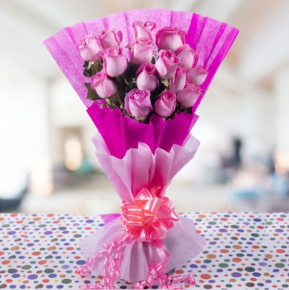 Online 12 Pink Roses Bouquet Delivery with Baker's Wagon