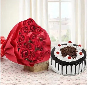 Buy/Send 15 Roses and Black Forest Cake Online with Baker's Wagon