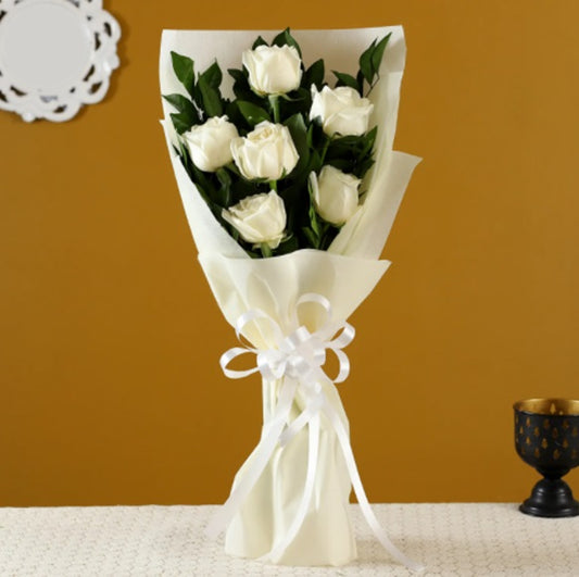 Online 6 White Roses Bouquet Delivery with Baker's Wagon