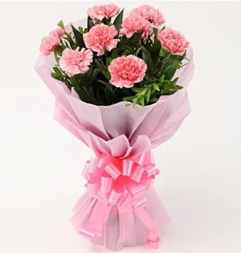 Online Beautiful 8 Pink Carnations Bouquet Delivery with Baker's Wagon