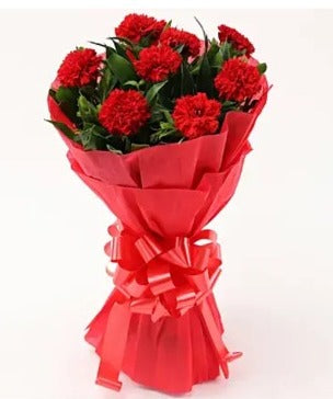 Online 8 Red Carnations Bouquet Delivery with Baker's Wagon
