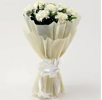 Online 8 White Carnations Bouquet Delivery with Baker's Wagon