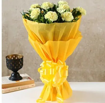Online 8 Yellow Carnations Bouquet Delivery with Baker's Wagon