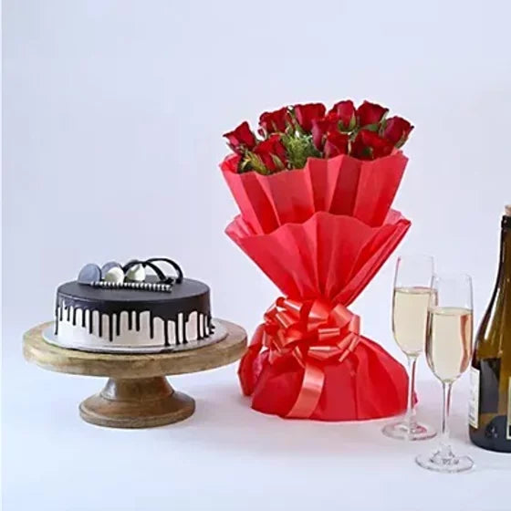 Buy/Send Red Roses and Chocolate Cake combo with online delivery from baker's Wagon