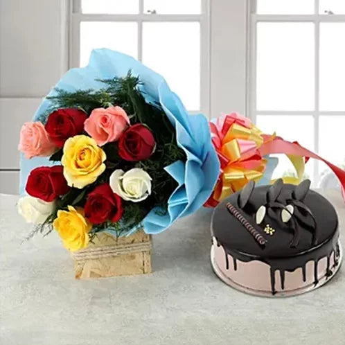 Online Colourful Flowers and Chocolate Cake Delivery with Baker's Wagon