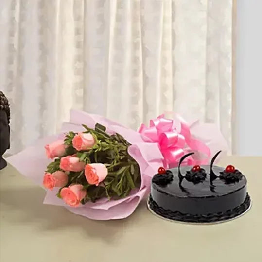 Buy/Send Pink Roses and Truffle Cake combo with online delivery fromm Baker's Wagon
