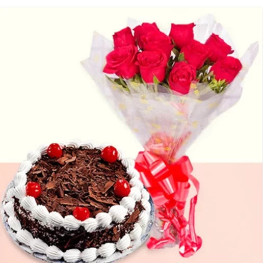 Buy/Send Red Roses and Black Forest Cake combo with online delivery from Baker's Wagon
