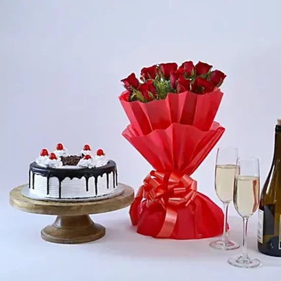 Buy/Send Standard Black Forest Cake and Red Roses with online delivery by Baker's Wagon