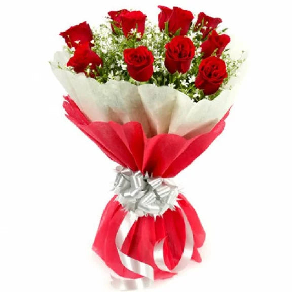 Online Vivid 10 Roses Bouquet Delivery by Baker's Wagon