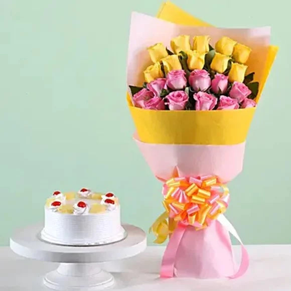 Beautiful Roses and Pineapple Cake Combo with Baker's Wagon