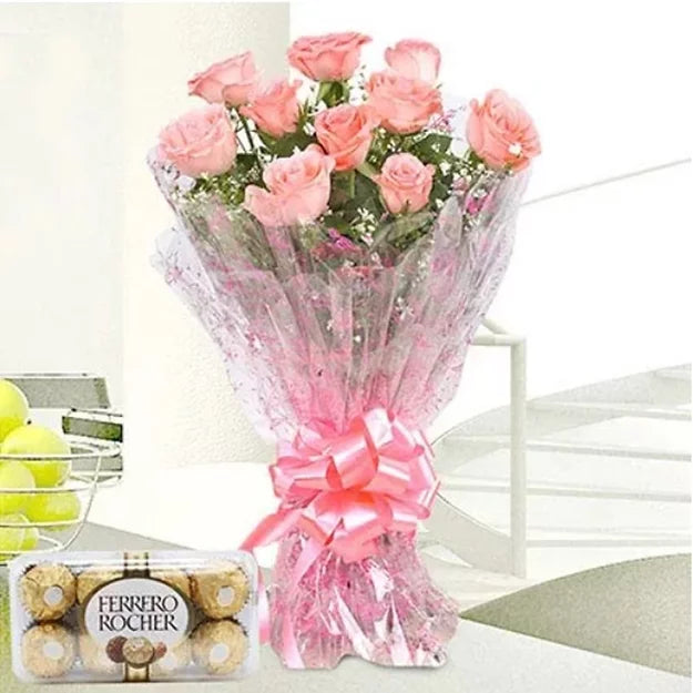 Buy/Send Pink Roses and Ferrero Rochers combo online delivey from Baker's Wagon