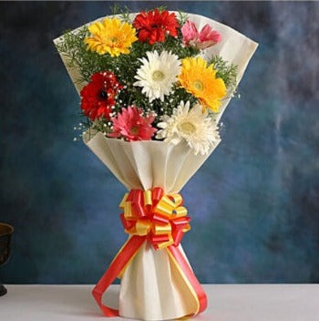 Online Mixed Gerbera Bouquet delivery with baker's wagon