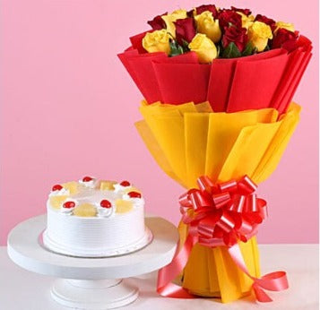 Online 21 Red and Yellow Roses Bouquet and Pineapple Cake Combo Delivery with Baker's Wagon