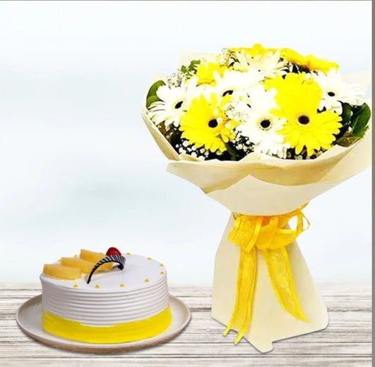 Pineapple Cake with Gerbera Bouquet By Bakers Wagon