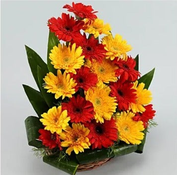 Online Red and Yellow Gerbera Arrangement Delivery with Bakers Wagon