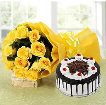 Online Yellow Roses and Black Forest Cake Delivery by Baker's Wagon